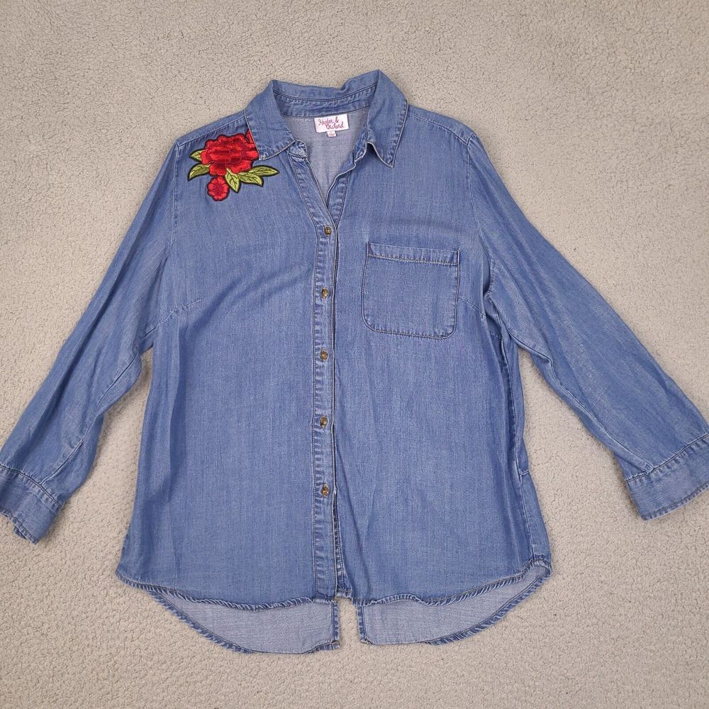 Hester & Orchard Womens Top Small Blue Button Up Shirt Roll Tab Flower Tencel‎